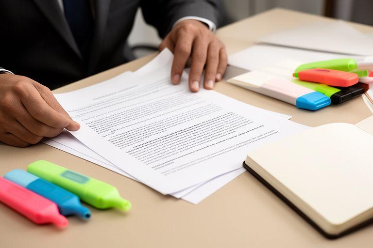 Corporate advisor reviewing a shareholder agreement on a table with highlighters and a notebook