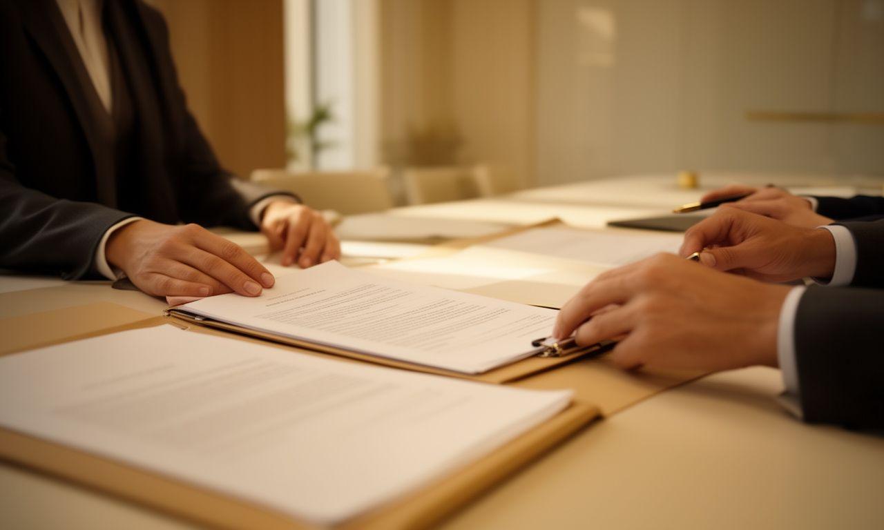 Commercial solicitors reviewing contract papers in a calm meeting room with warm daylight