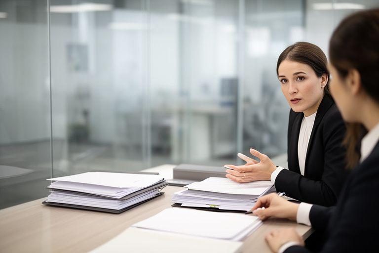 Dispute resolution solicitor speaking with a client in a glass meeting room beside organised case files