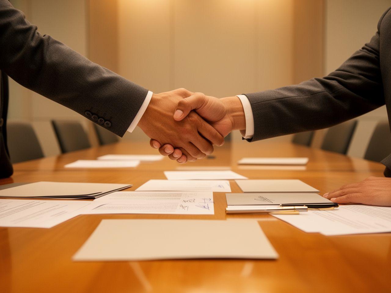 Business handshake above signed commercial documents in a warm boardroom setting