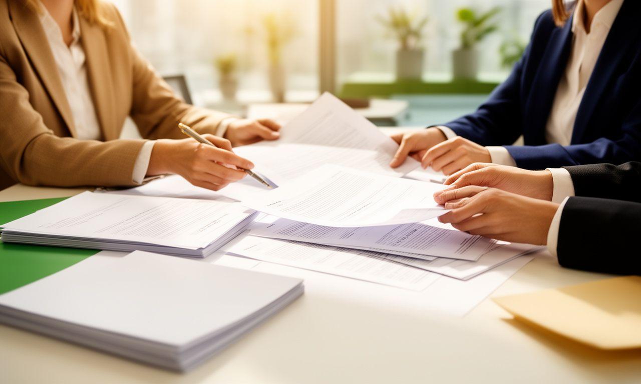 Commercial solicitors meeting over contract papers in a bright modern office