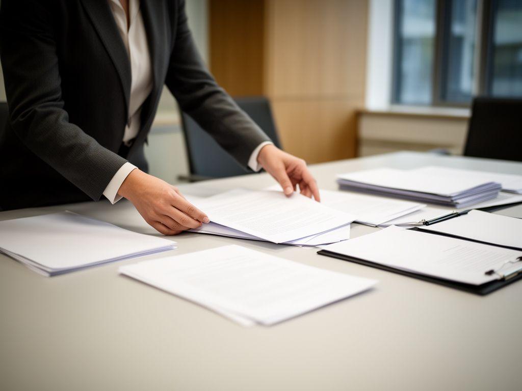 Solicitor arranging papers in a meeting room prepared for arbitration and litigation strategy