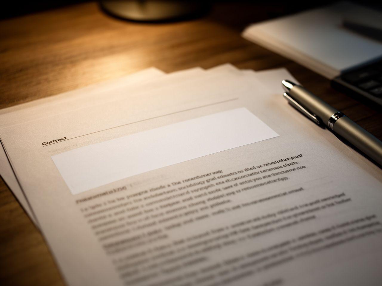 Close-up of a commercial contract with highlighted clauses on a wooden desk