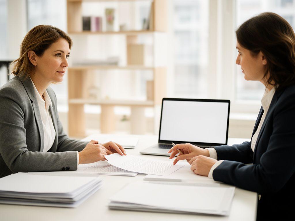 Business owner and solicitor discussing documents across a meeting table in a bright office