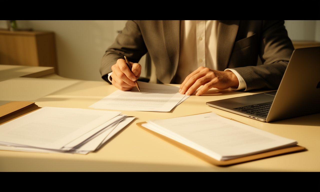 Commercial solicitor reviewing contract notes in a calm Sandwell office with warm daylight