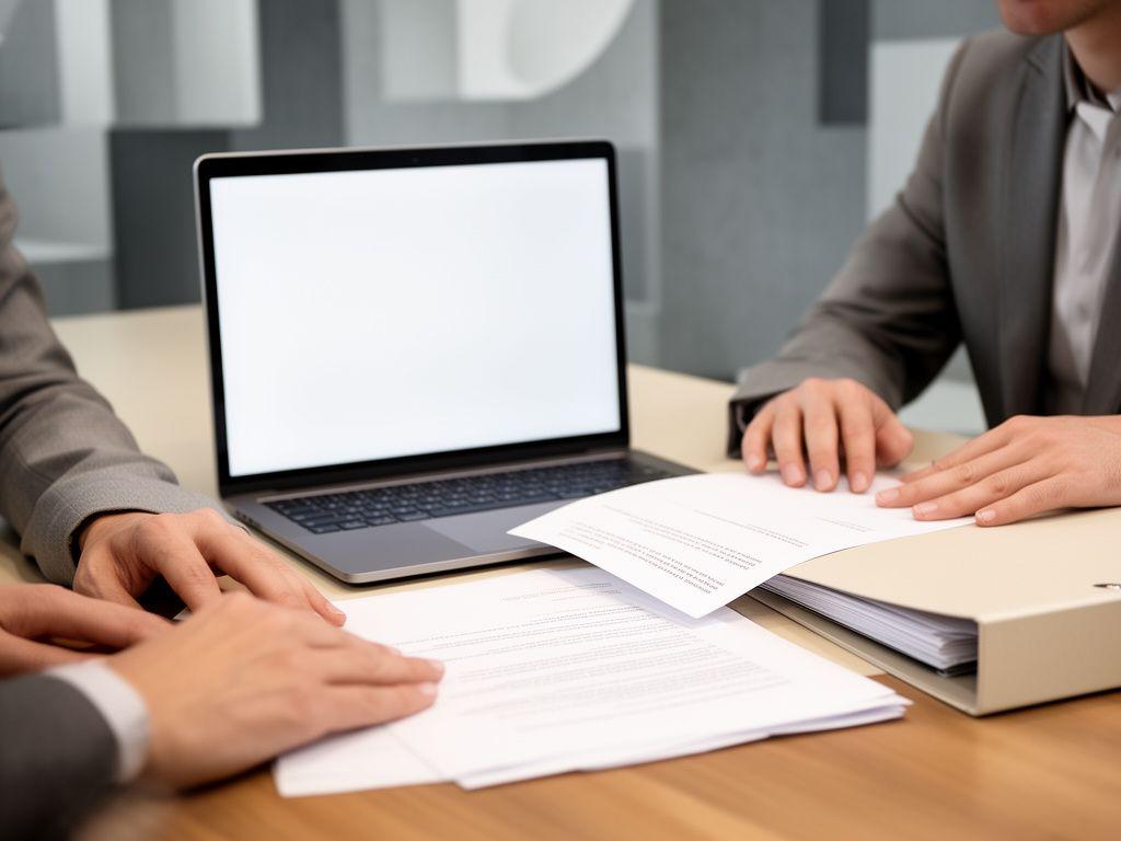 Two business partners reviewing a shareholder agreement beside a laptop in a modern workspace