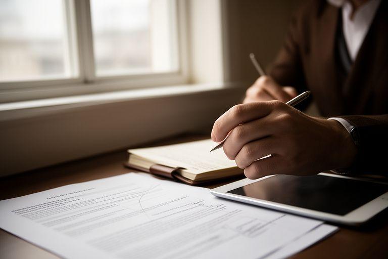 Lawyer reviewing annotated contract notes beside a window with soft daylight