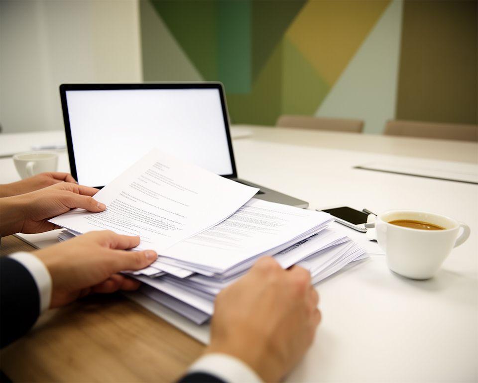 Business owners reviewing a contract bundle beside a laptop and coffee in a modern meeting room