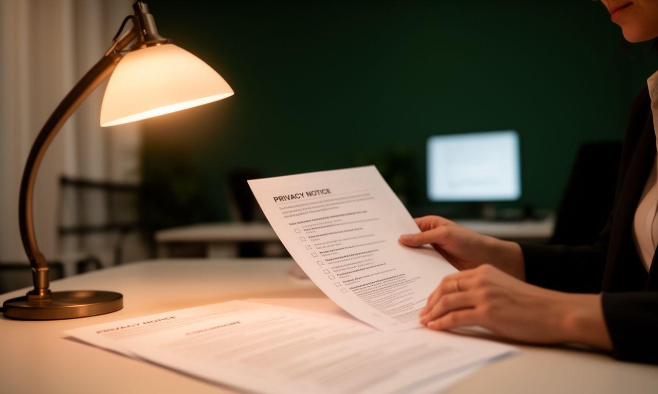 Commercial law solicitor reviewing a privacy notice beside a warm desk lamp in a modern Sandwell office