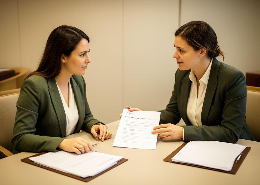 Two commercial solicitors reviewing a confidentiality checklist around a meeting table in a calm office