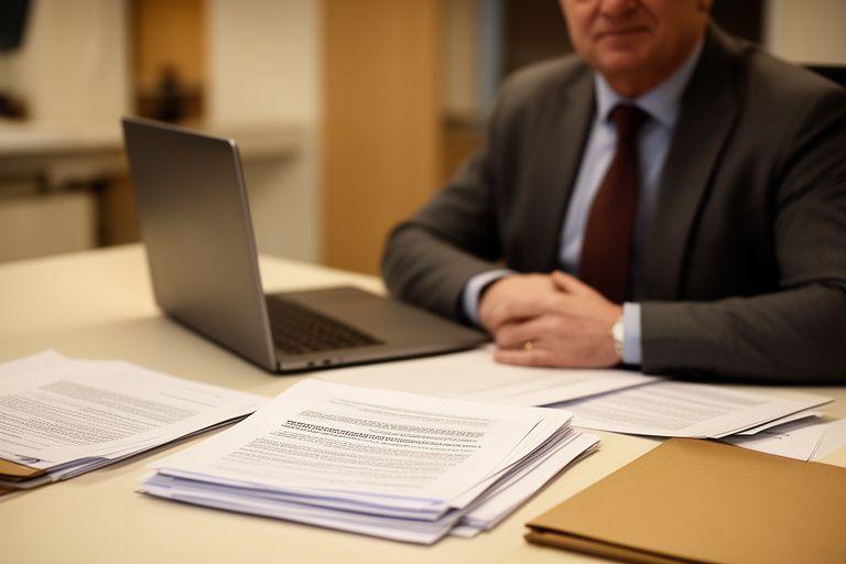 Senior commercial solicitor at a tidy desk with contract pages and a laptop in a softly lit office