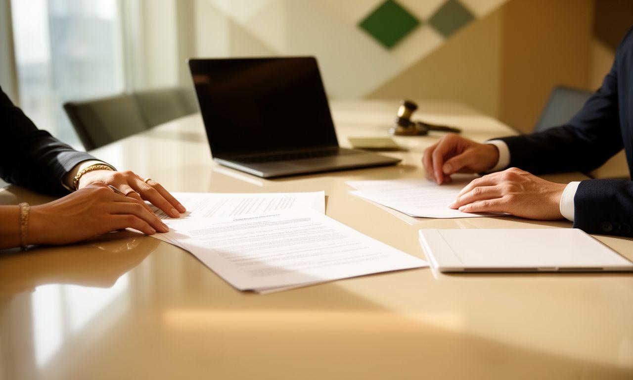 Business owners reviewing a partnership agreement around a polished meeting table in a bright office