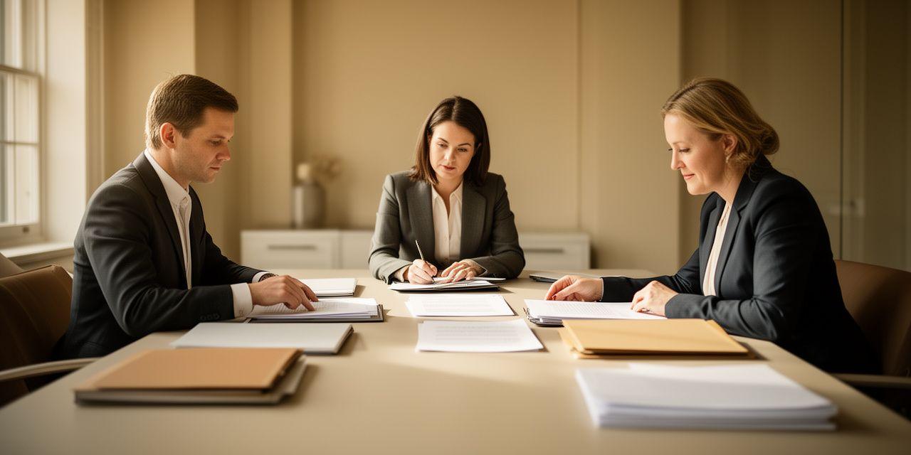 Three solicitors in a calm meeting space reviewing commercial documents with natural light across the table