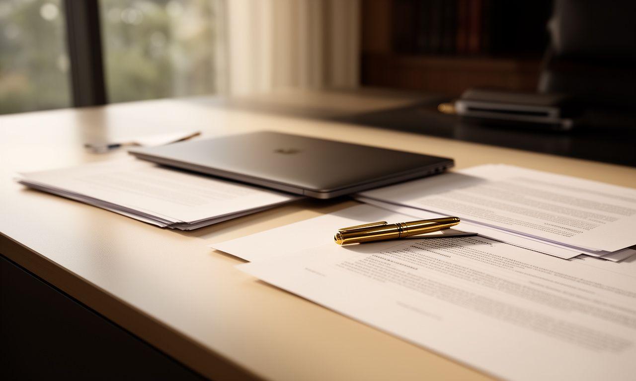 A calm desk with contract papers, a laptop and a brass pen in a modern legal office